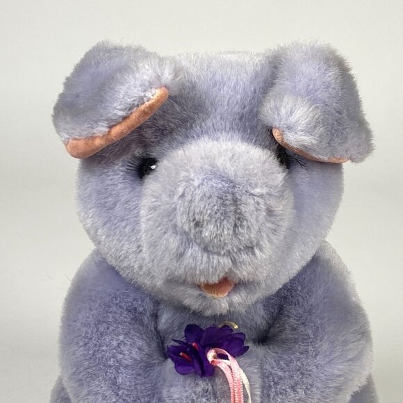 1990 Gund Kiss Kiss Purple Pig Plush Stuffed Animal Holding Flowers 9" - Picture 2 of 9